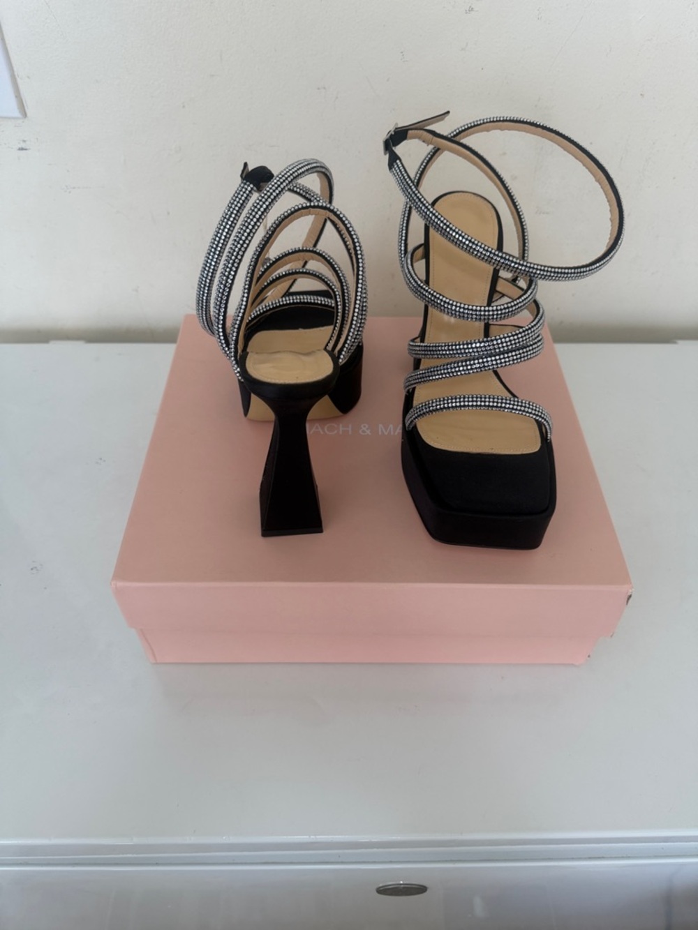 Mach & Mach Black Strappy Rhinestone Platform Heels size 38 
Never worn